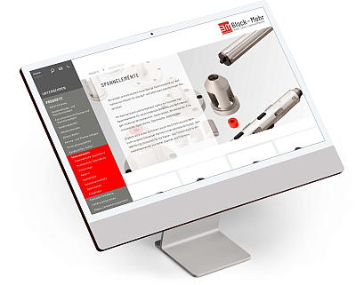 Beispiel einer von uns erstellten Homepage für das Unternehmen Block & Mohr. Monitor mit geöffneter Website eines technischen Unternehmens, zeigt Produkte und Kategorien im Online-Katalog.