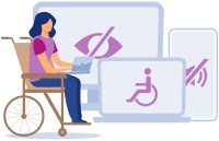 Illustration einer Frau im Rollstuhl vor Symbolen wie durchgestrichenes Auge, Rollstuhlzeichen und durchgestrichener Lautsprecher als Hinweis auf digitale Barrieren.