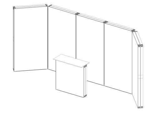 Messestand Skizze – Reihenstand mit Rückwand und Theke Zeichnung eines rechteckigen Messestands mit durchgehender Rückwand und Theke