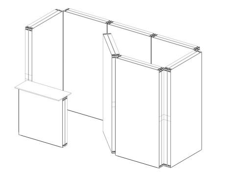 Messestand Ecklösung – Skizze mit Theke und Seitenwänden Skizze eines Eck-Messestands mit Rückwand, Seitenwand und Theke im Vordergrund