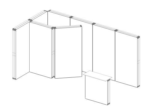 Messestand Skizze mit abgewinkelter Rückwand und Theke Skizze eines Messestands mit abgewinkelter Rückwand und Theke auf der rechten Seite