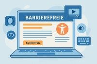 Barrierefreiheit in digitalen Anwendungen, Grafik Grafik zu barrierefreien Anwendungen mit Symbolen für Video, Tastatur und Audio