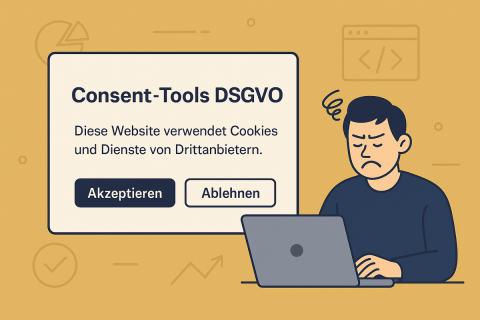 DSGVO Consent-Hinweis mit genervtem Laptop-Nutzer Illustration eines genervten Mannes am Laptop mit einem DSGVO Consent-Hinweis.
