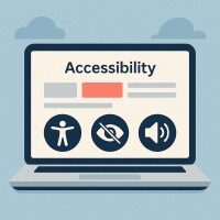Illustration eines Laptops mit dem Text 'Accessibility' und Piktogrammen für Barrierefreiheit, Sehbehinderung und Lautstärke