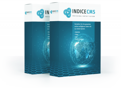 IndiceCMS Software Box mit digitalen Funktionen Verpackung der IndiceCMS Software mit einem digitalen Globus und Auflistung von Funktionen wie Website, eShop, App und Public Display.