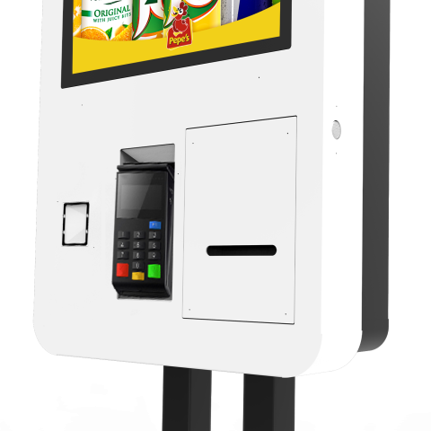 Selbstbedienungsterminal mit Touchscreen und Kartenleser. Display zeigt Getränkemarken wie Pepsi.