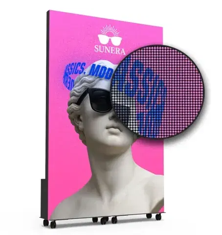 Digitales Display mit Statue und Sonnenbrille Digitaler Bildschirm mit Statue und Sonnenbrille, Text
