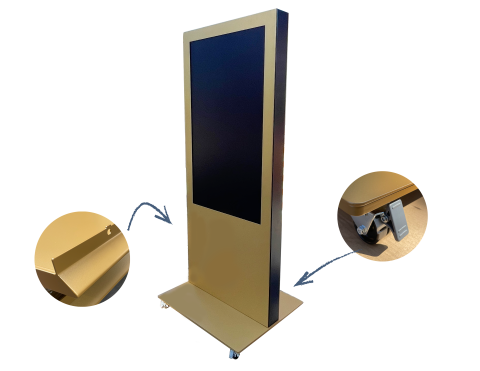 Digitaler goldener Werbedisplayständer Digitaler goldener Werbedisplayständer mit Rollen, Nahaufnahmen zeigen das Material und den Ständerbereich.
