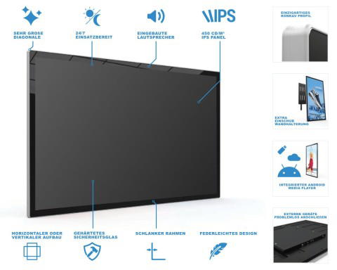 Slimline Digital Signage Display mit großem IPS-Panel, gehärtetem Sicherheitsglas, eingebauten Lautsprechern und Android Media Player
