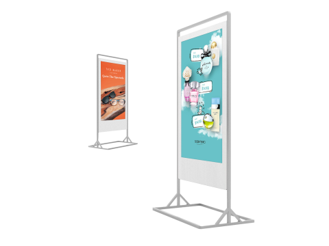 Weißes doppelseitiges Digital Signage Display mit stabilem Standfuß, beidseitig bespielt mit Brillenwerbung und Kosmetikwerbung