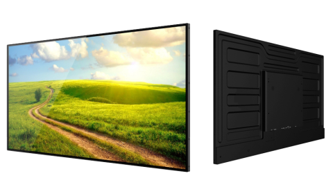 Professional Digital Signage Monitor, links Frontansicht mit Landschaftsmotiv, rechts Rückansicht mit schwarzem Gehäuse und Befestigungspunkten