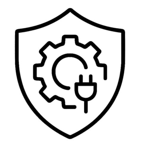 Schutz für Technik und Anschlüsse Icon für Schutz von Technik und Anschlüssen – Schild mit Zahnrad und Stecker-Symbol, minimalistisches Vektordesign auf transparentem Hintergrund.