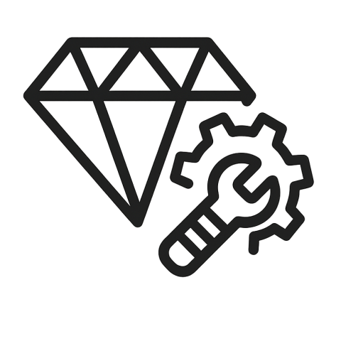 Langlebige und stabile Konstruktion Icon für langlebige und stabile Konstruktion – Diamant und Zahnrad mit Schraubenschlüssel als Symbol für Beständigkeit und Robustheit, minimalistisches Vektordesign ohne Text auf transparentem Hintergrund.