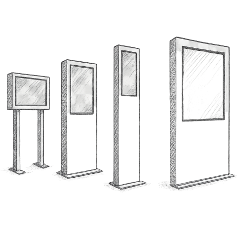 Digitale Outdoor Stele – Verschiedene Formen, Größen und Designs als Beispielskizze Skizze von verschiedenen digitalen Outdoor-Stelen in unterschiedlichen Formen, Größen und Designs mit transparentem Hintergrund