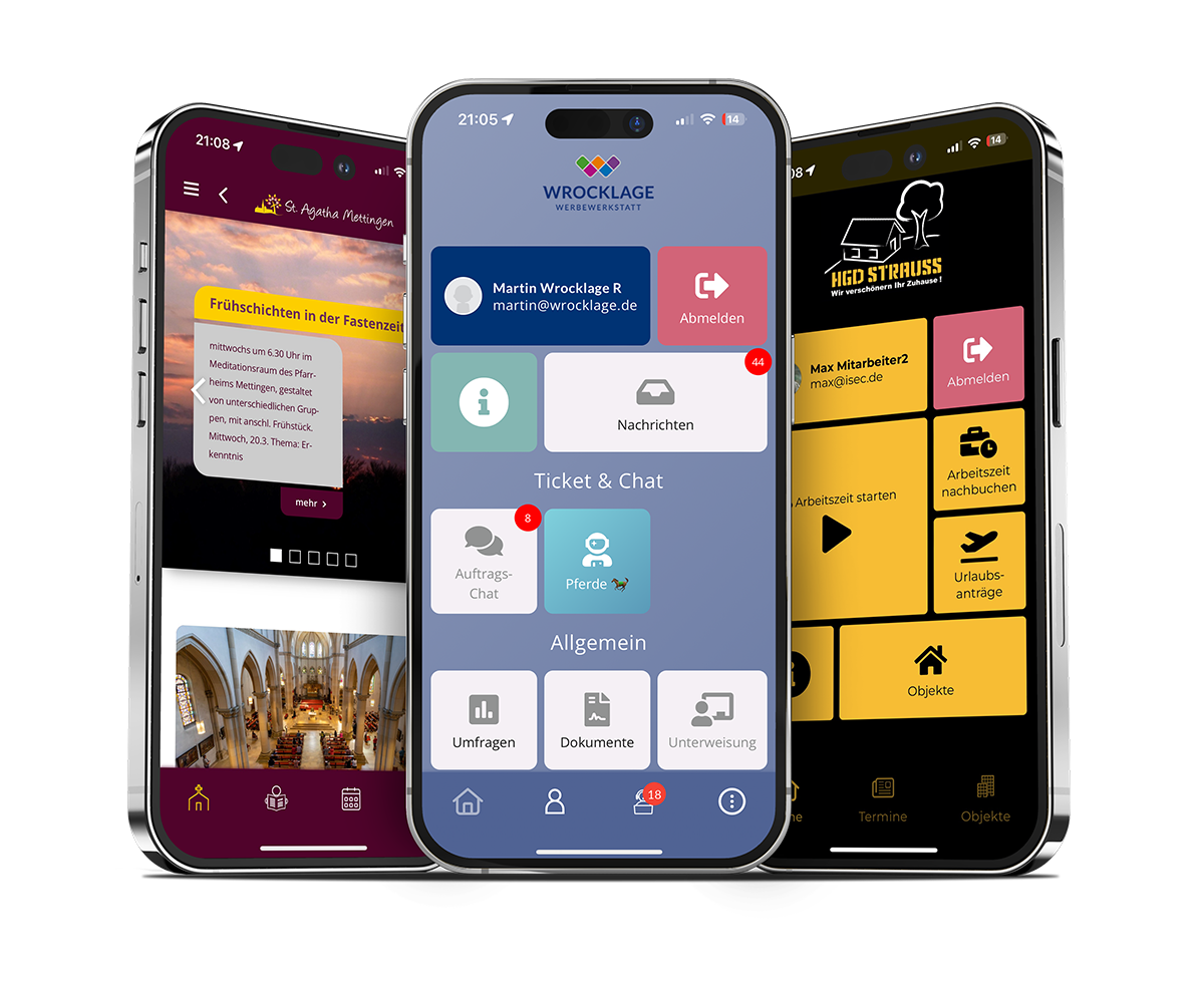 Smartphone-Screens der Wrocklage App Drei Smartphone-Screens mit der App Wrocklage, verschiedene Benutzeroberflächen