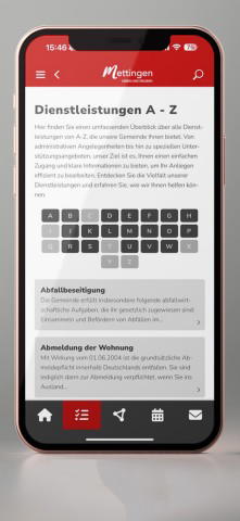 Mettingen App Dienstleistungsverzeichnis Smartphone-Ansicht der Mettingen App mit markantem roten Menü und alphabetischem Dienstleistungsverzeichnis.