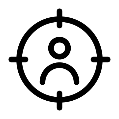 Zielgruppen-Icon – Symbol für präzises Targeting und Marketing-Fokus Schwarzes Zielgruppen-Symbol mit Person im Fadenkreuz, steht für präzise Zielgruppenansprache