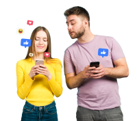 Zwei Personen nutzen Smartphones mit Social-Media-Symbolen für Likes und Kommentare auf blauem Hintergrund