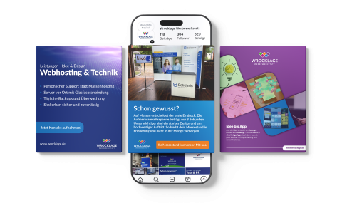 Wrocklage Werbewerkstatt – Webhosting, App-Entwicklung und Social-Media-Auftritt Darstellung von Wrocklage Werbewerkstatt Leistungen mit Smartphone-Ansicht des Instagram-Profils, Webhosting- und App-Design-Grafiken.