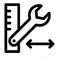 Optional individuell nach Wunsch und Maß – Gehäuse flexibel anpassbar Icon für individuelle Anpassung – Gehäuse mit Maßstab, Schraubenschlüssel und Pfeilen, Symbol für Wunsch- und Maßanfertigung, transparenter Hintergrund.