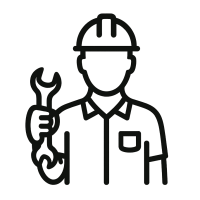 Icon eines Mechanikers mit Werkzeug – Symbol für fachgerechte Montage und Fahrzeugservice Grafisches Symbol eines Mechanikers mit Helm und Schraubenschlüssel, steht für professionelle Montage und Fahrzeugservice