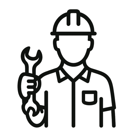 Grafisches Symbol eines Mechanikers mit Helm und Schraubenschlüssel, steht für professionelle Montage und Fahrzeugservice