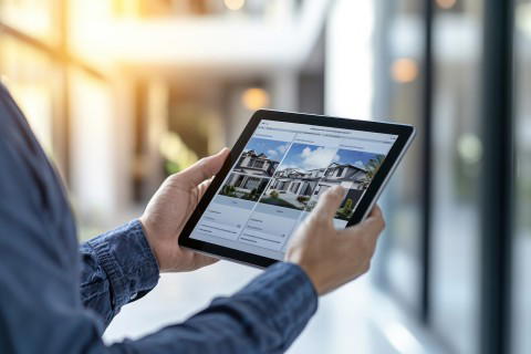 Person sucht Immobilien online auf Tablet mit Hausangeboten Nahaufnahme einer Person, die auf einem Tablet Immobilienangebote mit Häusern betrachtet
