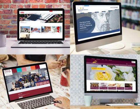 Vier Laptops und Monitore mit unterschiedlichen Webseiten auf den Bildschirmen, die Beispiele für Webdesign zeigen.