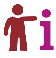 Rote Figur zeigt auf ein lila Informationssymbol als Hinweis auf Besucherinfosysteme.